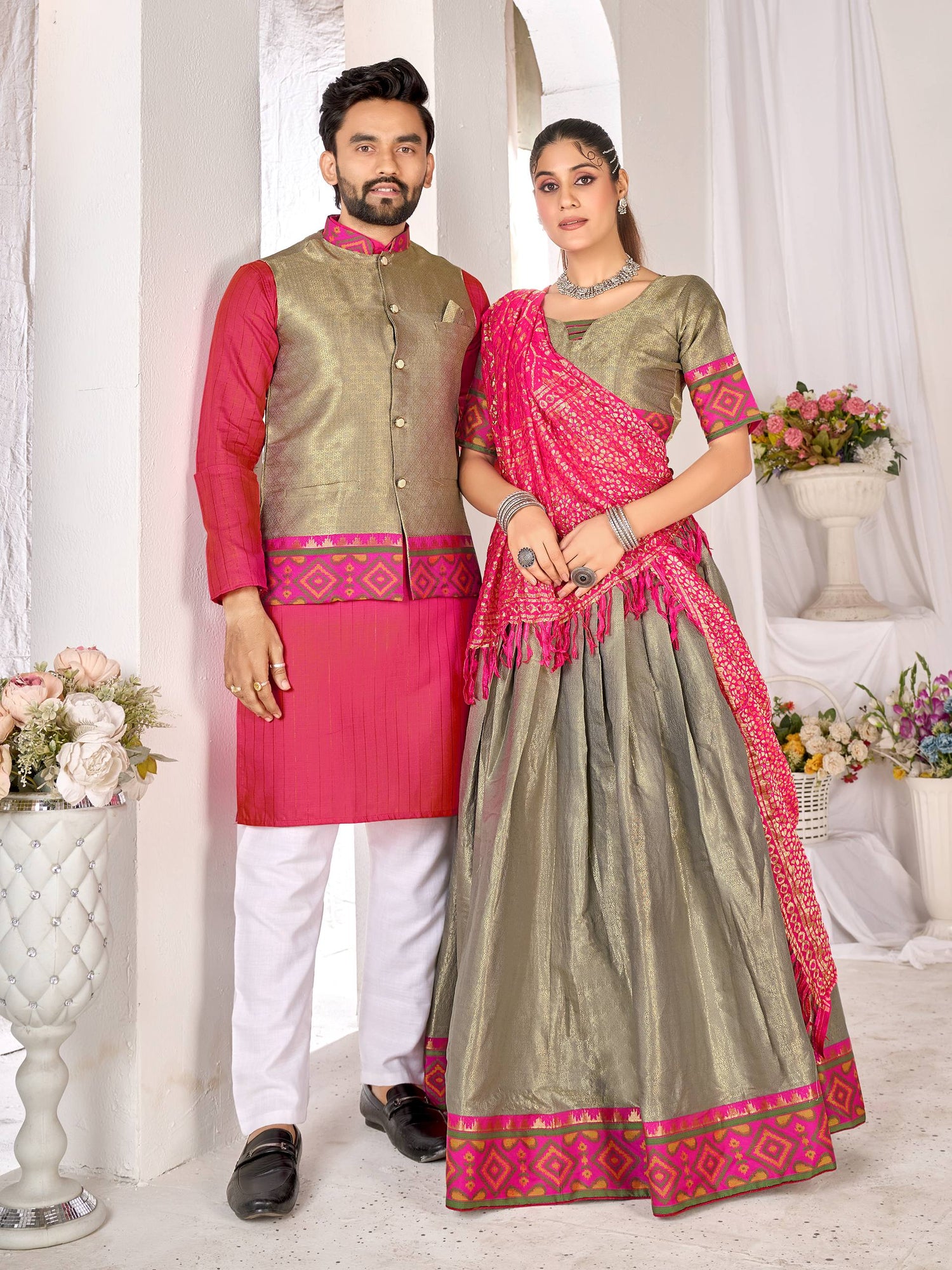 Olive Pure Jacquard Silk Lehenga Choli With Kurta Pajama Jacket Matching Couple Combo Set
