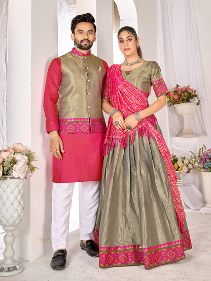 Olive Pure Jacquard Silk Lehenga Choli With Kurta Pajama Jacket Matching Couple Combo Set