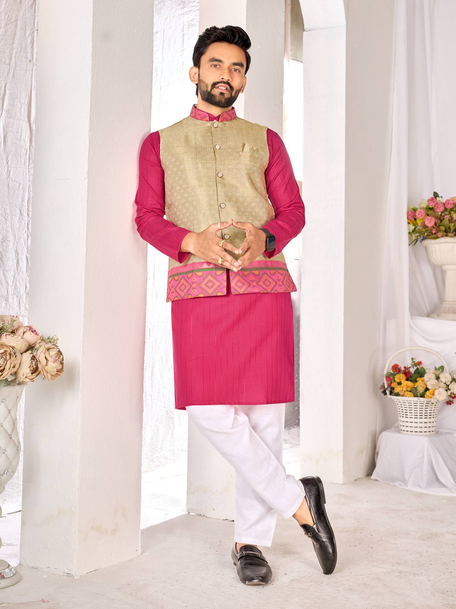 Chiku Pure Jacquard Silk Lehenga Choli With Kurta Pajama Jacket Matching Couple Combo Set