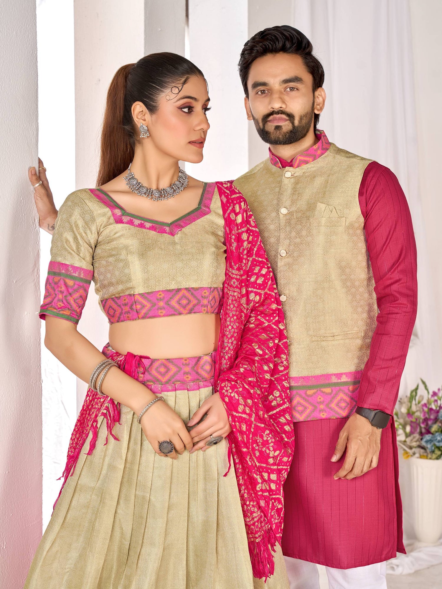 Chiku Pure Jacquard Silk Lehenga Choli With Kurta Pajama Jacket Matching Couple Combo Set