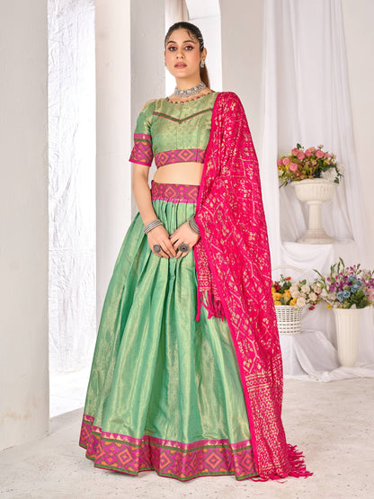 Green Pure Jacquard Silk Lehenga Choli With Kurta Pajama Jacket Matching Couple Combo Set