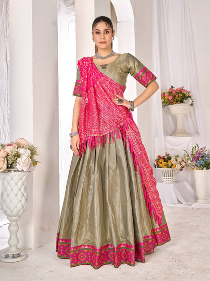 Olive Pure Jacquard Silk Lehenga Choli With Kurta Pajama Jacket Matching Couple Combo Set
