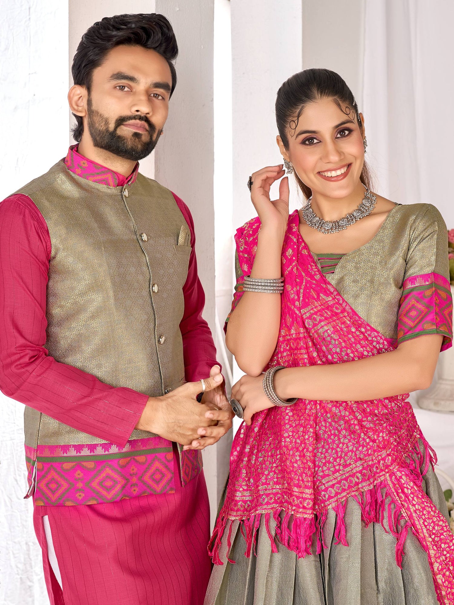Olive Pure Jacquard Silk Lehenga Choli With Kurta Pajama Jacket Matching Couple Combo Set