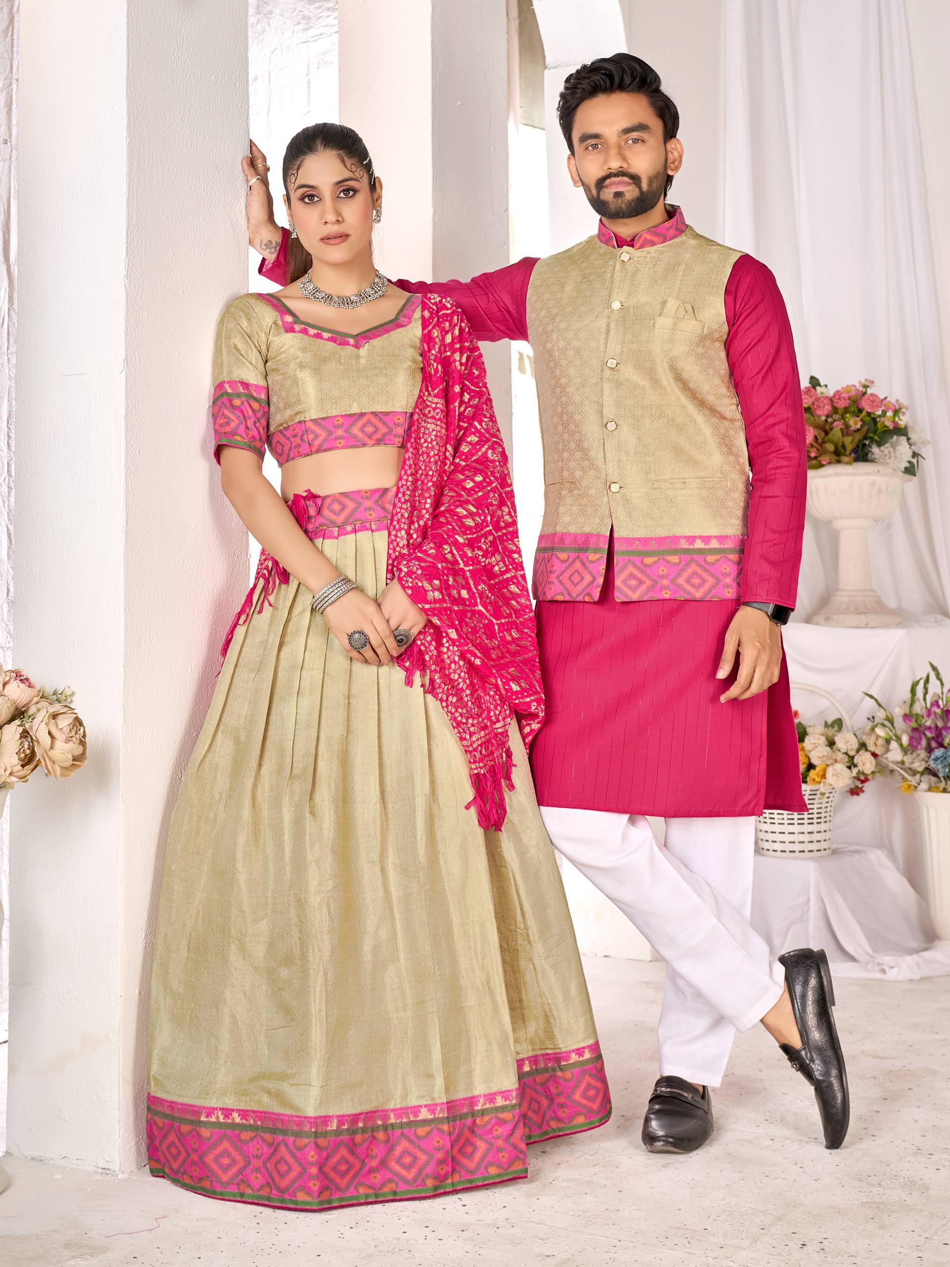 Chiku Pure Jacquard Silk Lehenga Choli With Kurta Pajama Jacket Matching Couple Combo Set