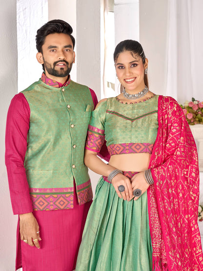 Green Pure Jacquard Silk Lehenga Choli With Kurta Pajama Jacket Matching Couple Combo Set