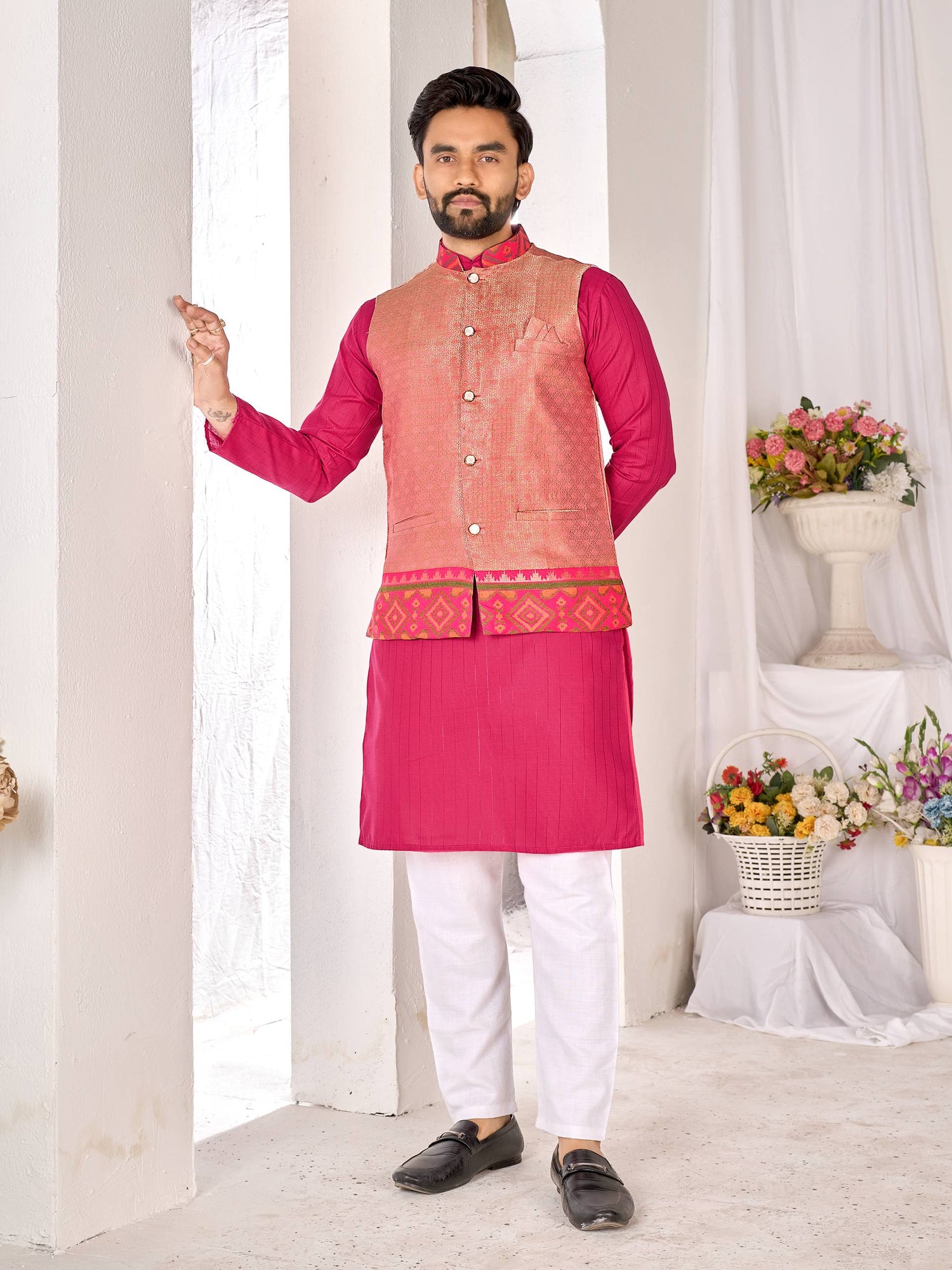 Pink Pure Jacquard Silk Lehenga Choli With Kurta Pajama Jacket Matching Couple Combo Set