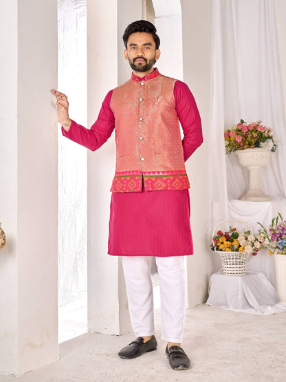 Pink Pure Jacquard Silk Lehenga Choli With Kurta Pajama Jacket Matching Couple Combo Set