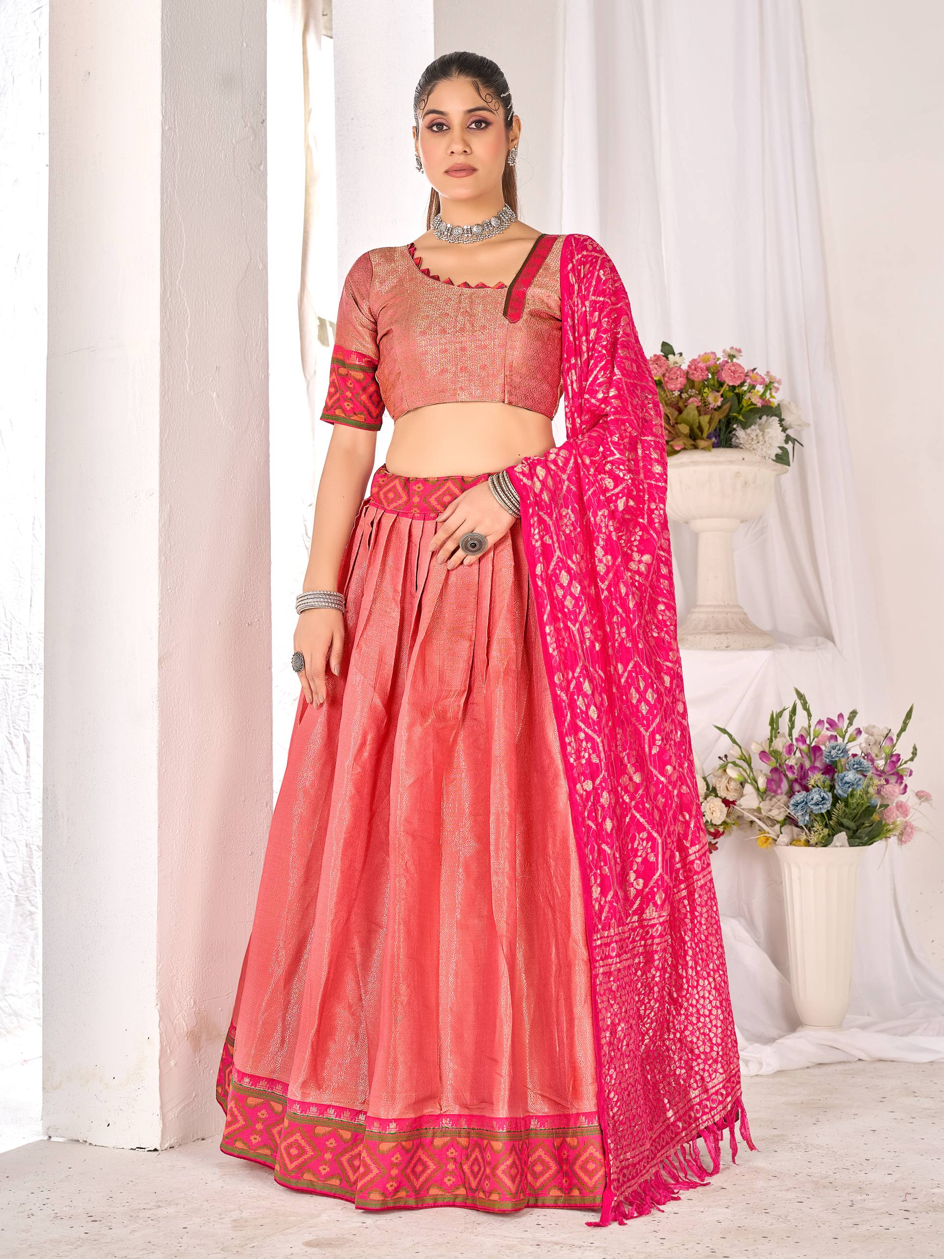Pink Pure Jacquard Silk Lehenga Choli With Kurta Pajama Jacket Matching Couple Combo Set
