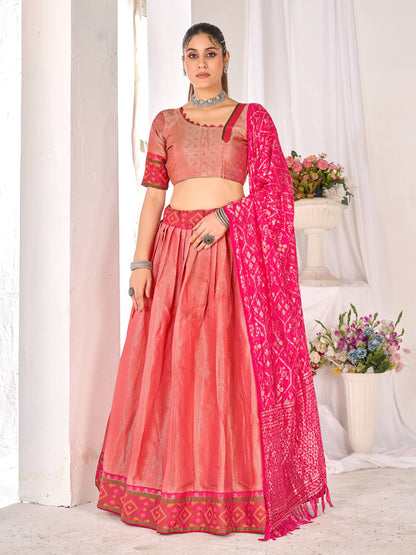 Pink Pure Jacquard Silk Lehenga Choli With Kurta Pajama Jacket Matching Couple Combo Set