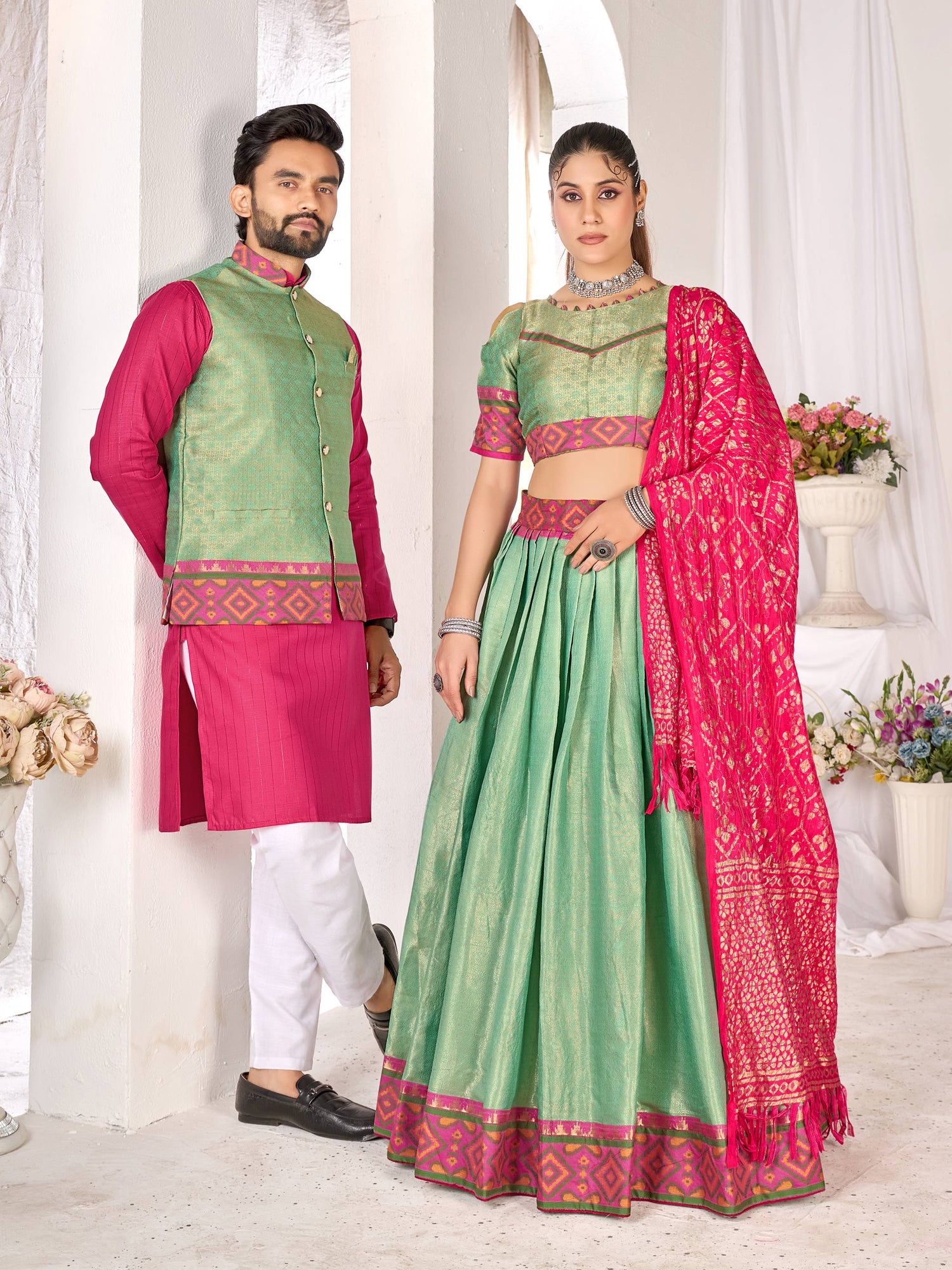 Green Pure Jacquard Silk Lehenga Choli With Kurta Pajama Jacket Matching Couple Combo Set