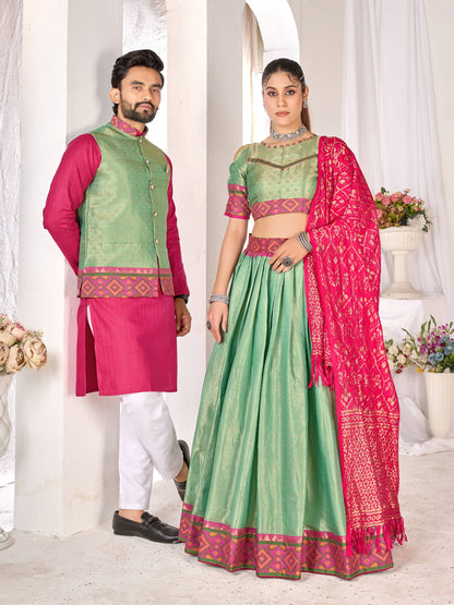 Green Pure Jacquard Silk Lehenga Choli With Kurta Pajama Jacket Matching Couple Combo Set