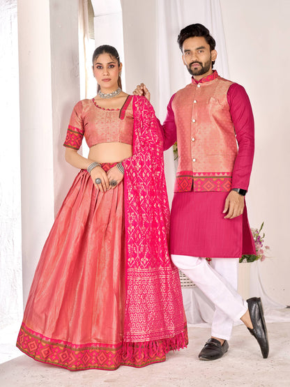 Pink Pure Jacquard Silk Lehenga Choli With Kurta Pajama Jacket Matching Couple Combo Set