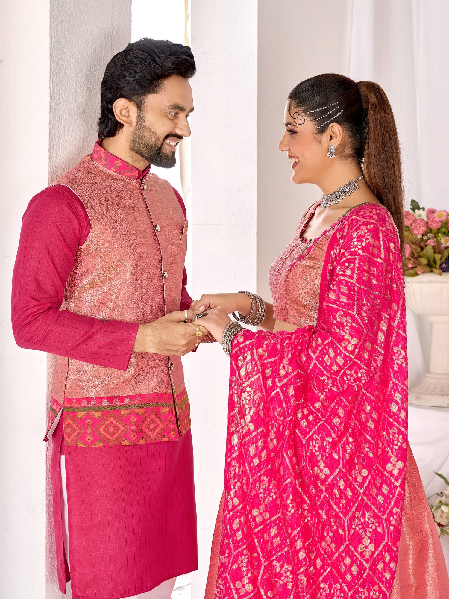 Pink Pure Jacquard Silk Lehenga Choli With Kurta Pajama Jacket Matching Couple Combo Set