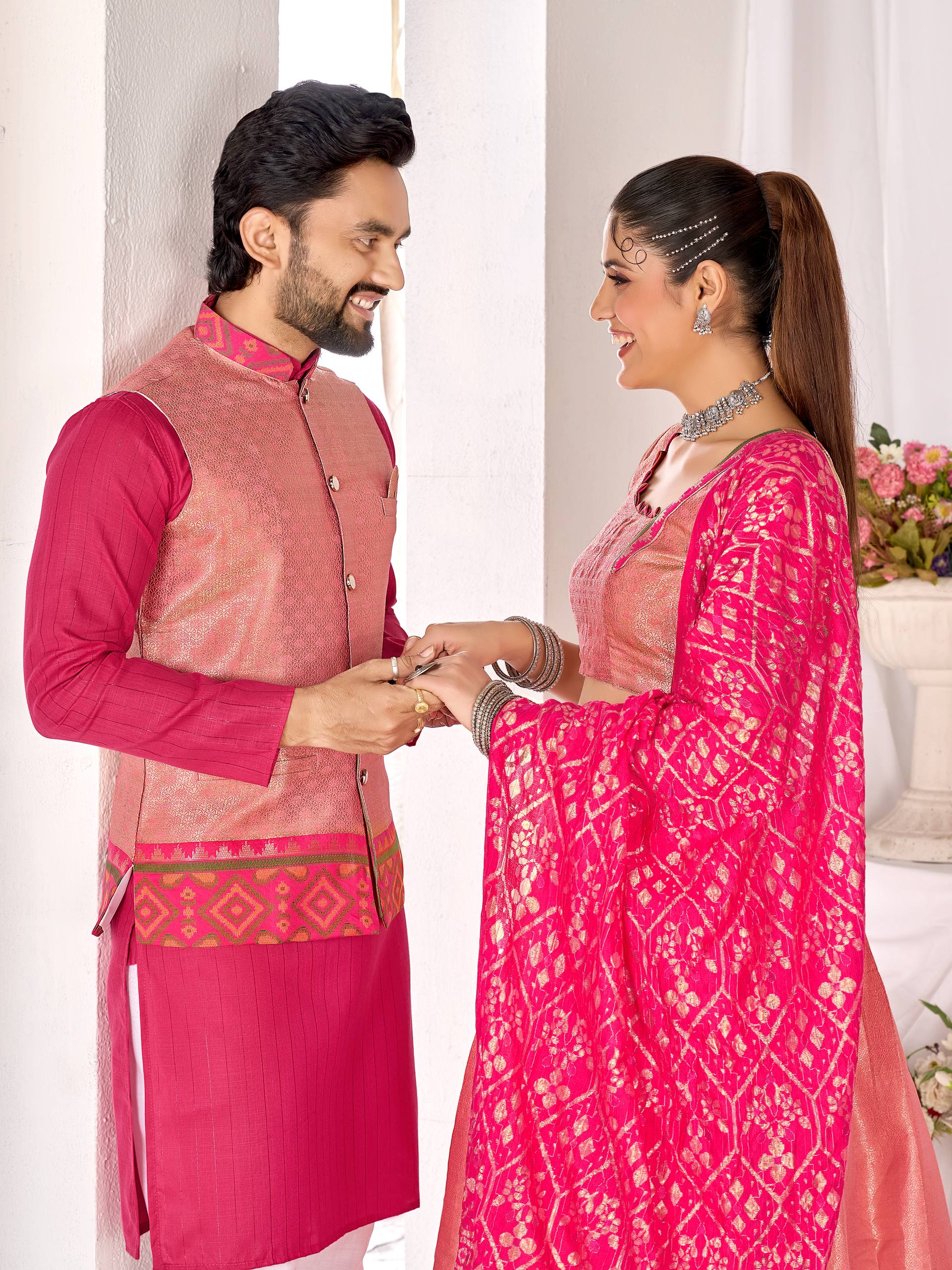 Pink Pure Jacquard Silk Lehenga Choli With Kurta Pajama Jacket Matching Couple Combo Set
