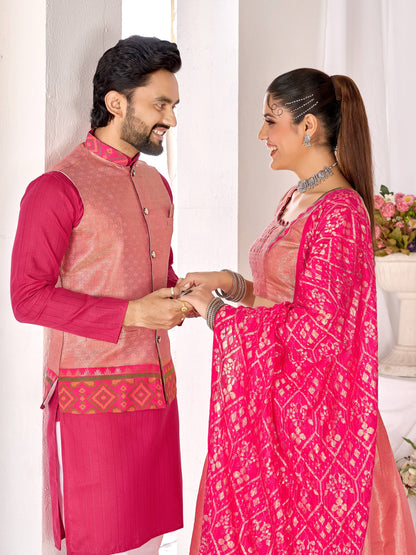 Pink Pure Jacquard Silk Lehenga Choli With Kurta Pajama Jacket Matching Couple Combo Set