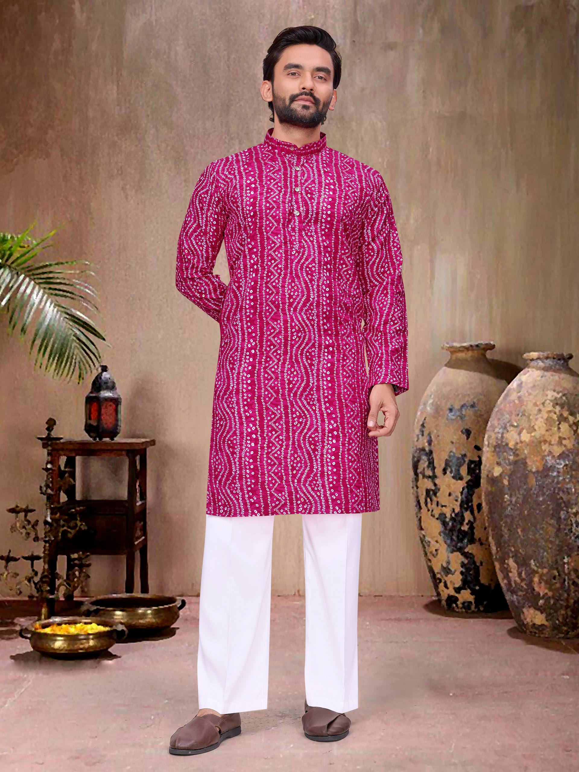 Pink Pure Soft Cotton Bandhej Print Kurta Pajama Matching Couple Combo Set