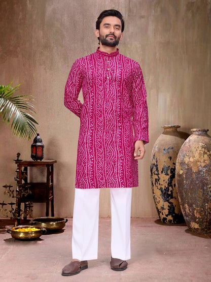 Pink Pure Soft Cotton Bandhej Print Kurta Pajama Matching Couple Combo Set