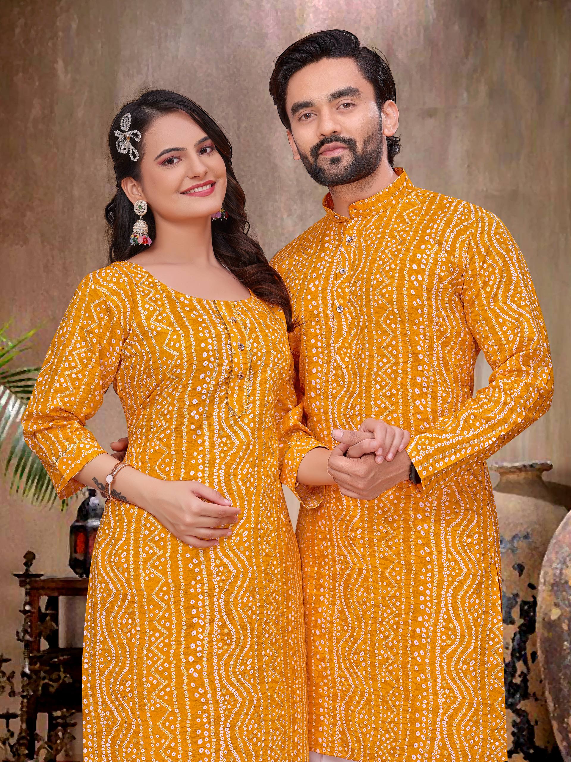 Yellow Pure Soft Cotton Bandhej Print Kurta Pajama Matching Couple Combo Set