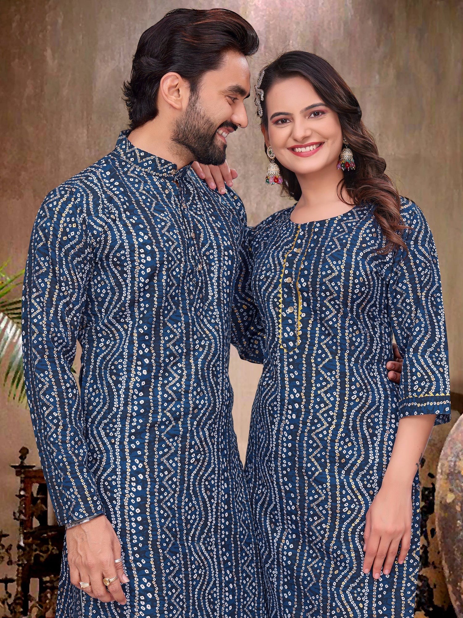 Blue Pure Soft Cotton Bandhej Print Kurta Pajama Matching Couple Combo Set