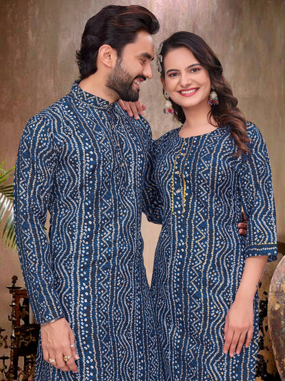 Blue Pure Soft Cotton Bandhej Print Kurta Pajama Matching Couple Combo Set