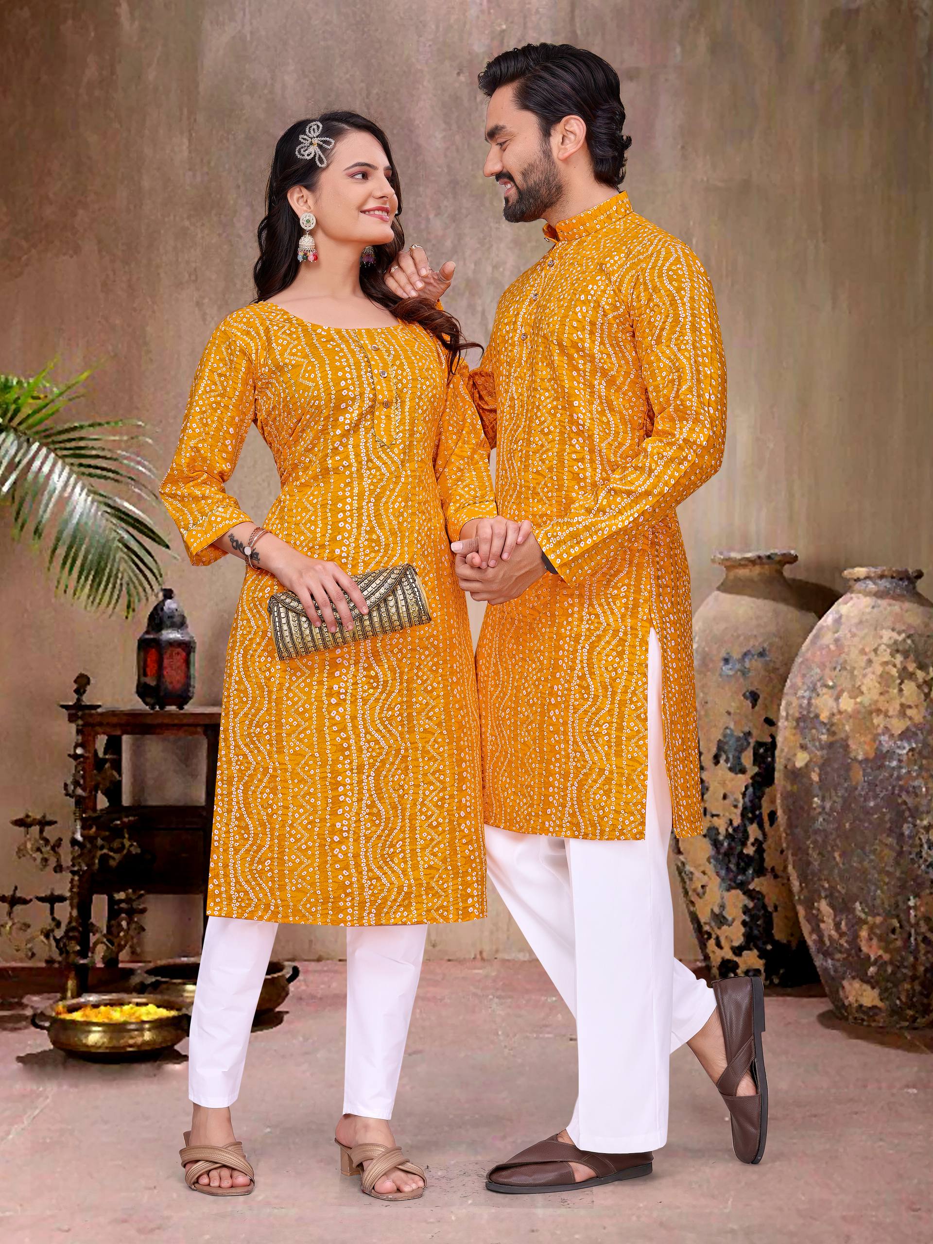 Yellow Pure Soft Cotton Bandhej Print Kurta Pajama Matching Couple Combo Set