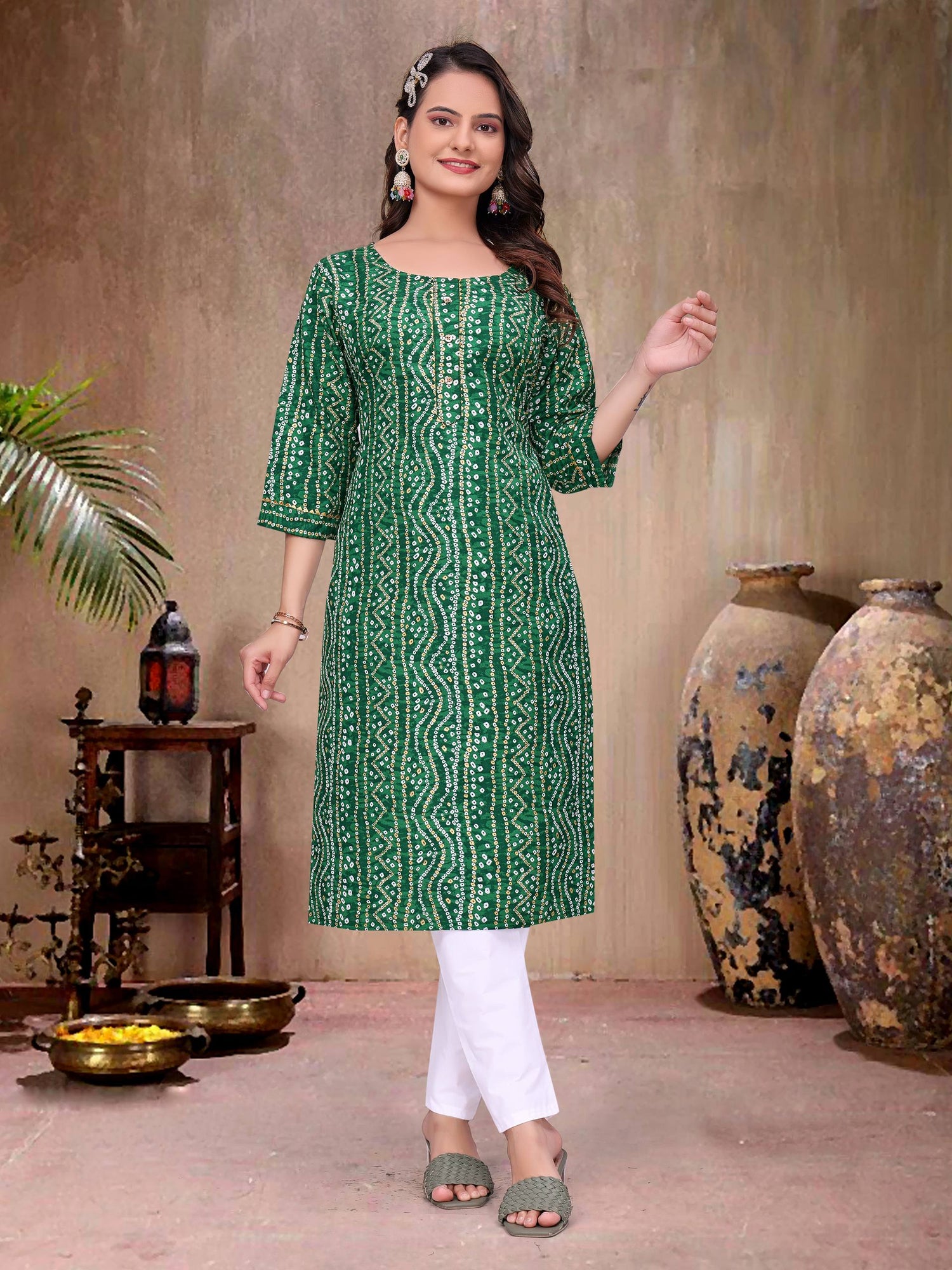 Green Pure Soft Cotton Bandhej Print Kurta Pajama Matching Couple Combo Set