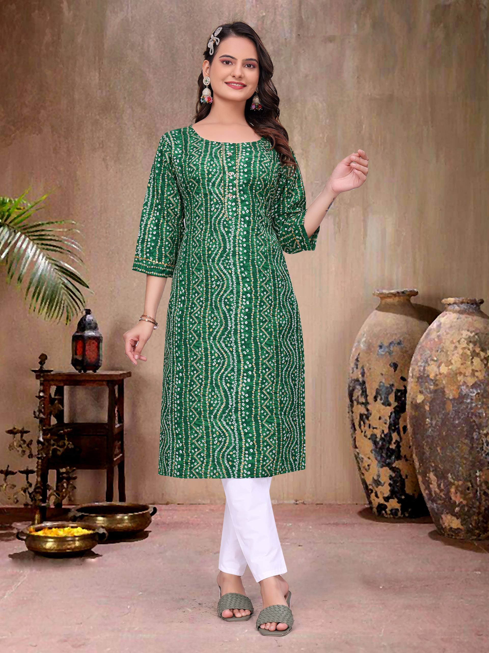 Green Pure Soft Cotton Bandhej Print Kurta Pajama Matching Couple Combo Set