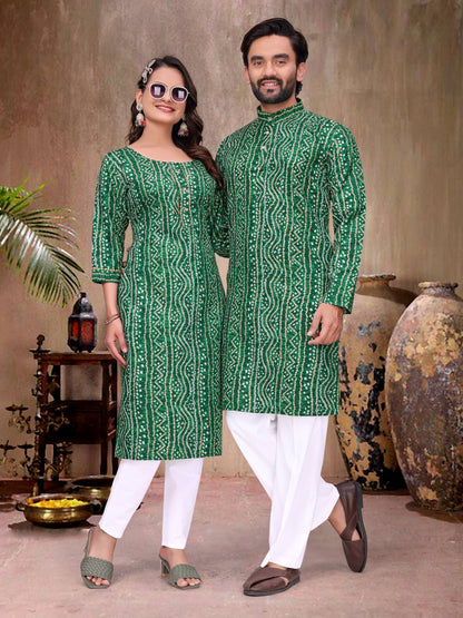 Green Pure Soft Cotton Bandhej Print Kurta Pajama Matching Couple Combo Set