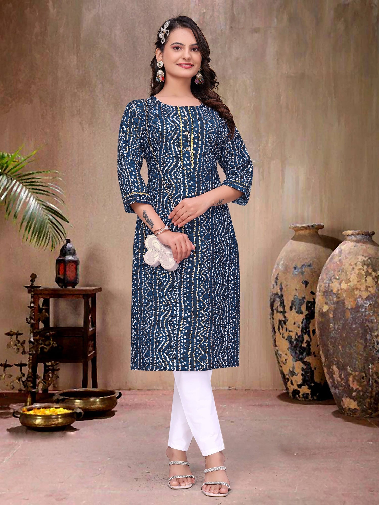 Blue Pure Soft Cotton Bandhej Print Kurta Pajama Matching Couple Combo Set