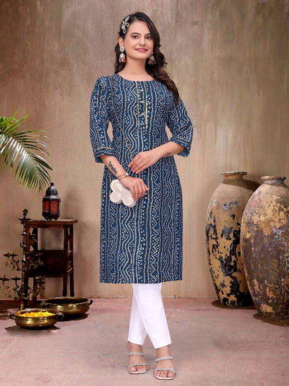 Blue Pure Soft Cotton Bandhej Print Kurta Pajama Matching Couple Combo Set