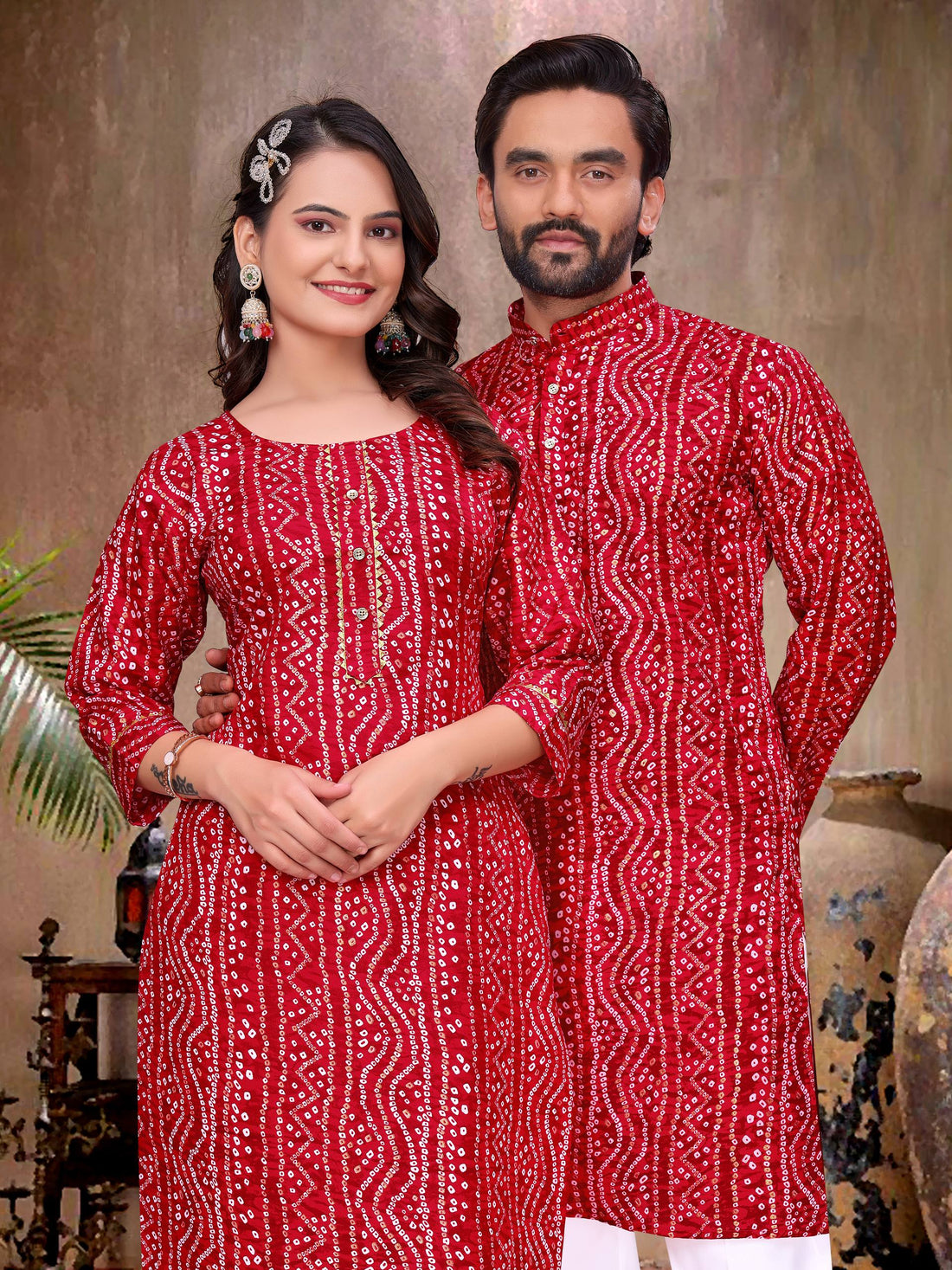 Red Pure Soft Cotton Bandhej Print Kurta Pajama Matching Couple Combo Set