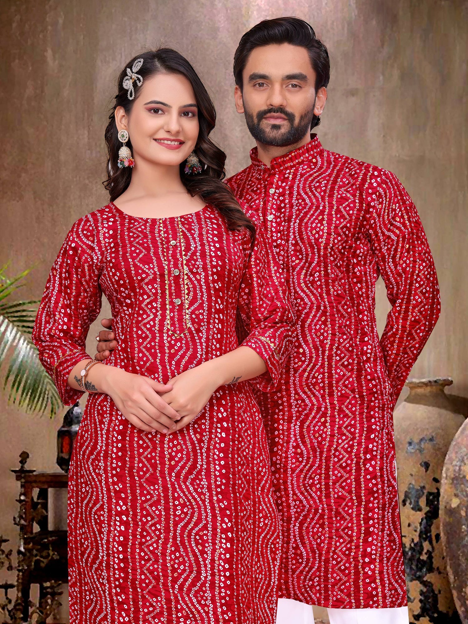 Red Pure Soft Cotton Bandhej Print Kurta Pajama Matching Couple Combo Set