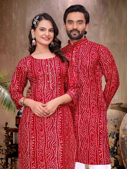 Red Pure Soft Cotton Bandhej Print Kurta Pajama Matching Couple Combo Set