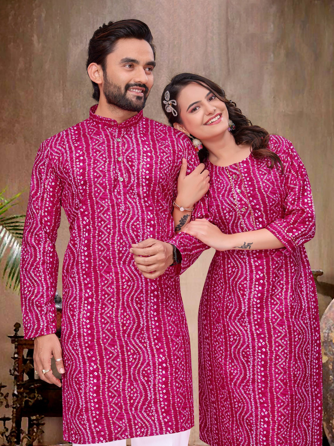 Pink Pure Soft Cotton Bandhej Print Kurta Pajama Matching Couple Combo Set