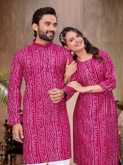 Pink Pure Soft Cotton Bandhej Print Kurta Pajama Matching Couple Combo Set