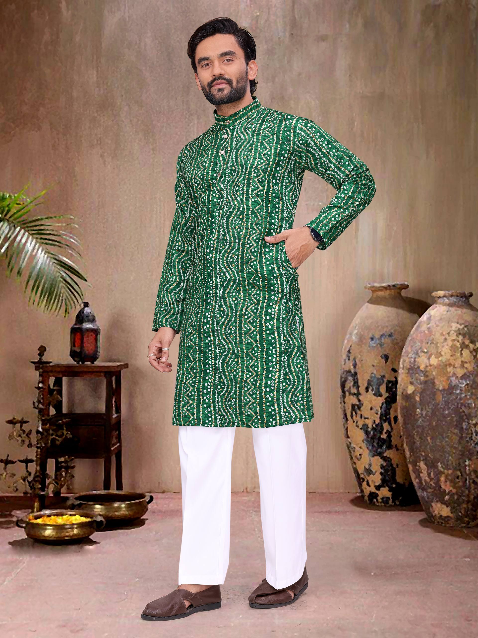 Green Pure Soft Cotton Bandhej Print Kurta Pajama Matching Couple Combo Set