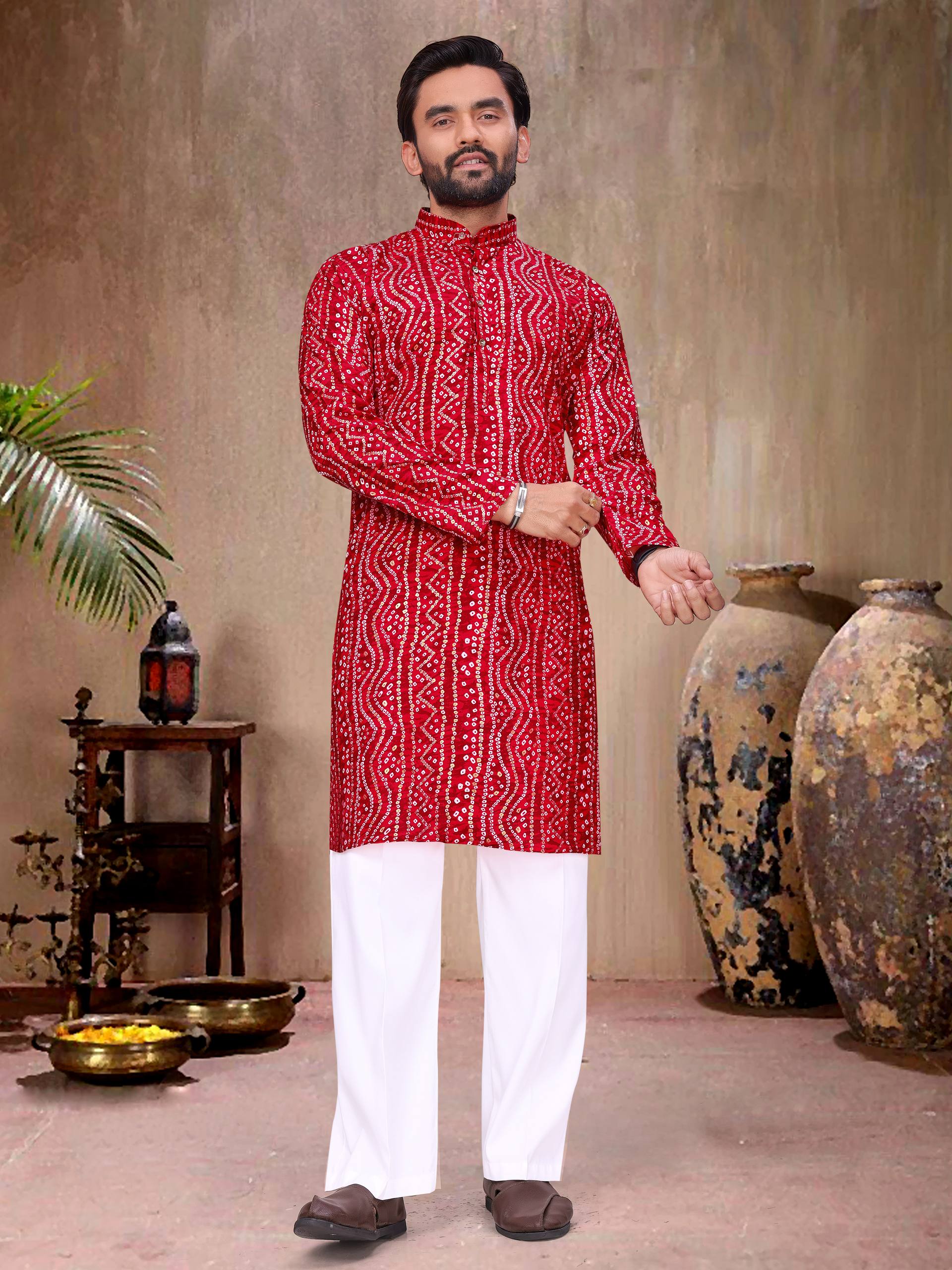 Red Pure Soft Cotton Bandhej Print Kurta Pajama Matching Couple Combo Set