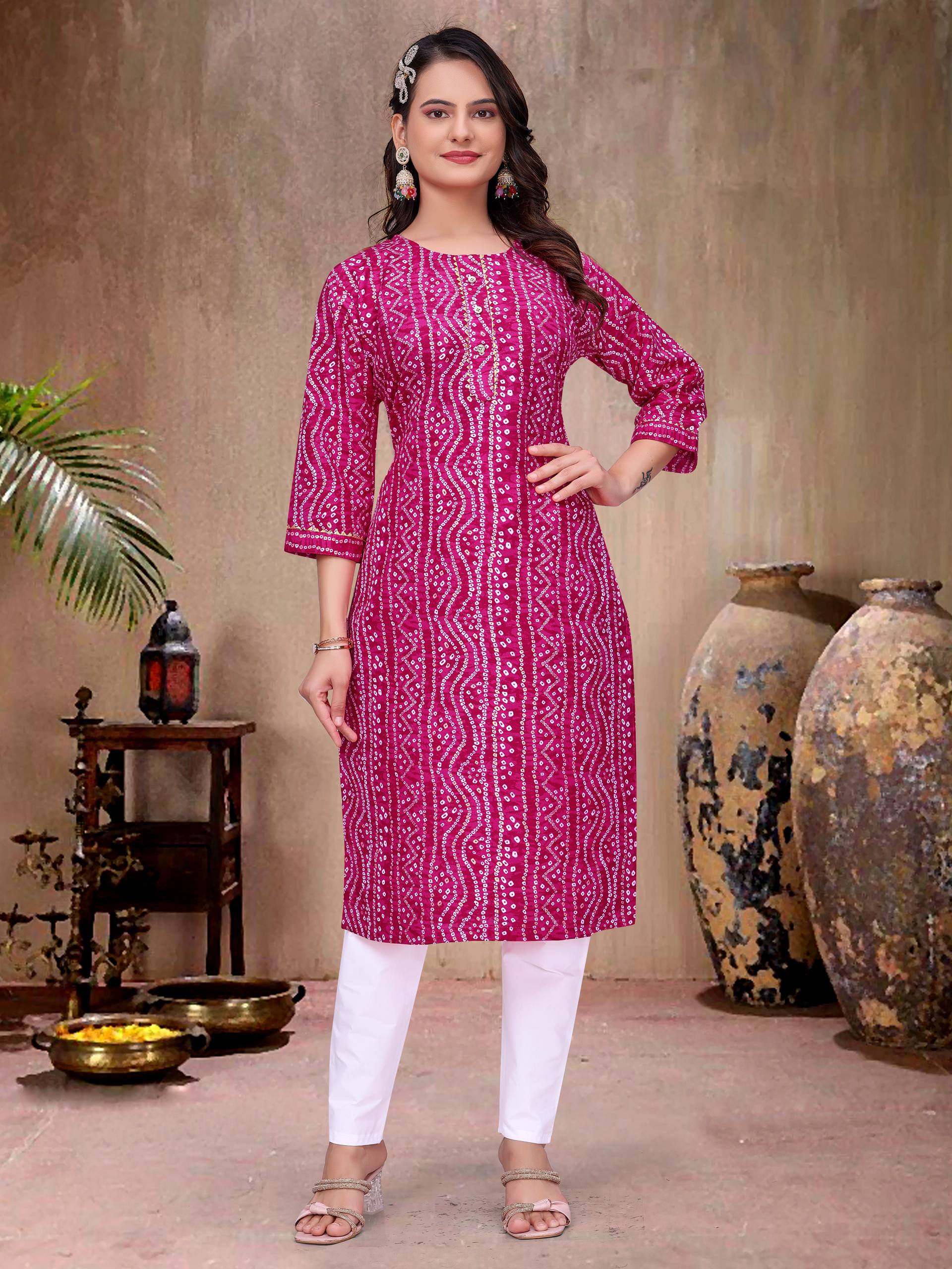 Pink Pure Soft Cotton Bandhej Print Kurta Pajama Matching Couple Combo Set