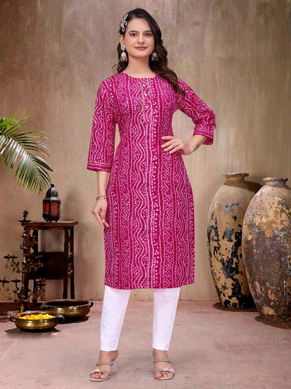 Pink Pure Soft Cotton Bandhej Print Kurta Pajama Matching Couple Combo Set