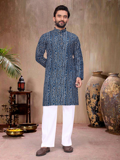Blue Pure Soft Cotton Bandhej Print Kurta Pajama Matching Couple Combo Set