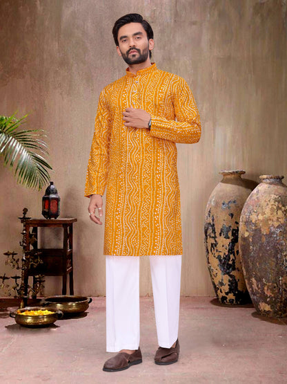 Yellow Pure Soft Cotton Bandhej Print Kurta Pajama Matching Couple Combo Set