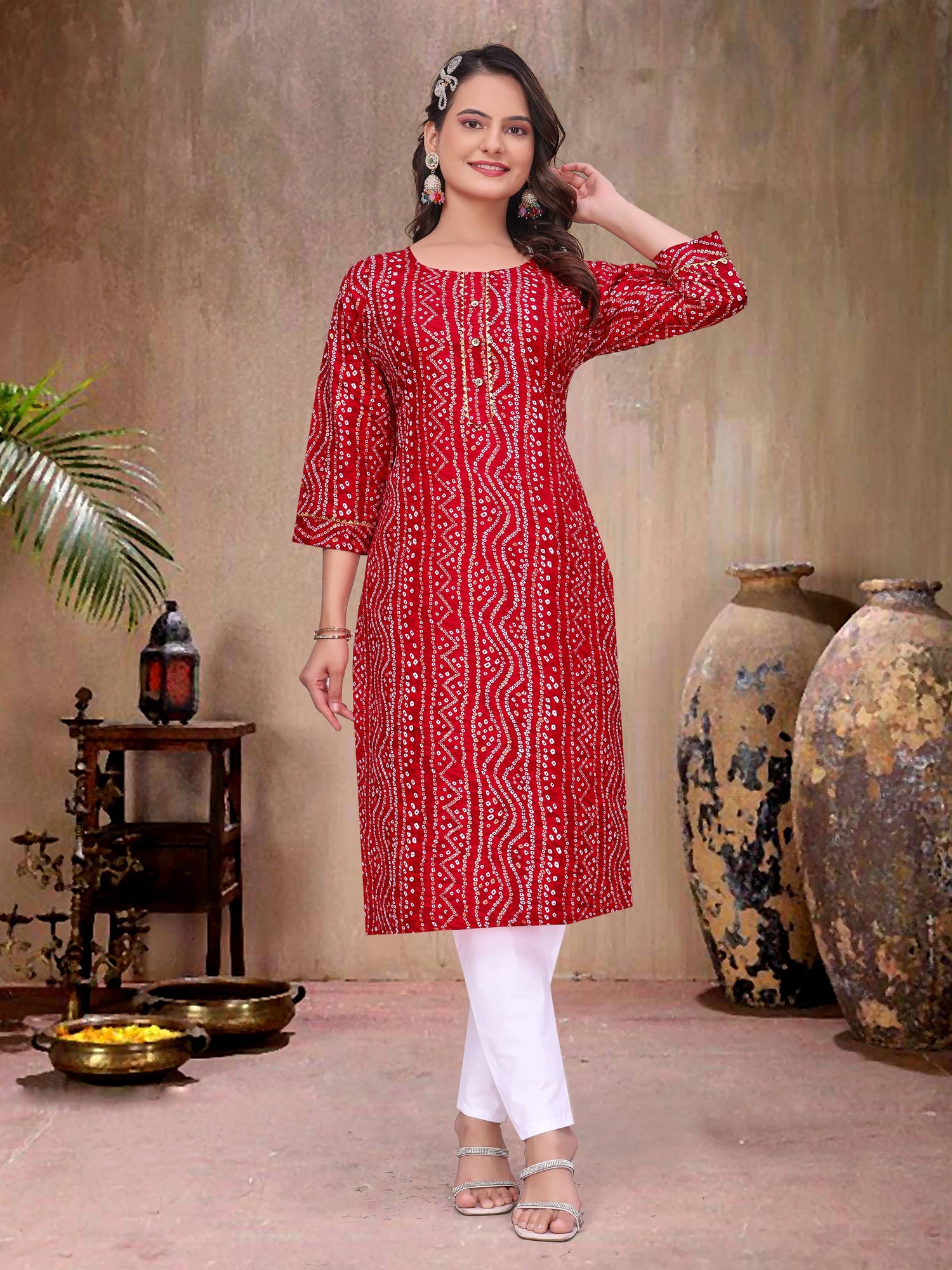 Red Pure Soft Cotton Bandhej Print Kurta Pajama Matching Couple Combo Set