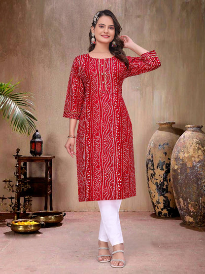Red Pure Soft Cotton Bandhej Print Kurta Pajama Matching Couple Combo Set