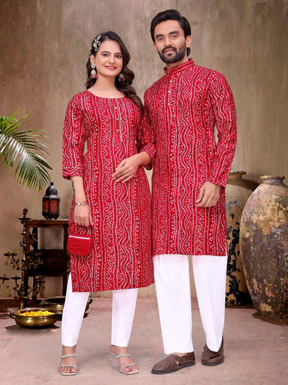 Red Pure Soft Cotton Bandhej Print Kurta Pajama Matching Couple Combo Set