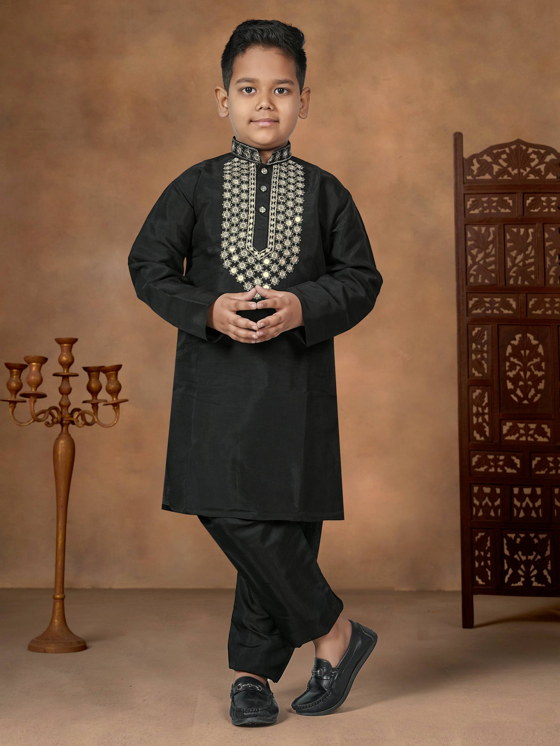 Black Pure Soft Premium Silk Kurta Pajama With Father &amp; Son Matching Combo Set