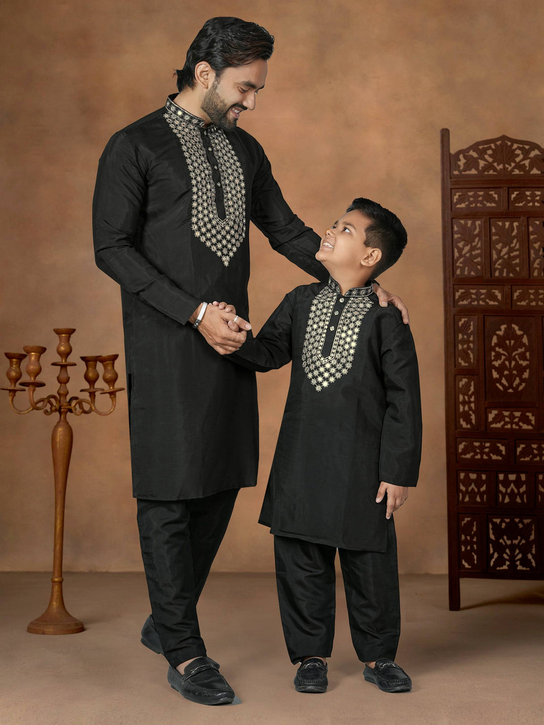 Black Pure Soft Premium Silk Kurta Pajama With Father &amp; Son Matching Combo Set