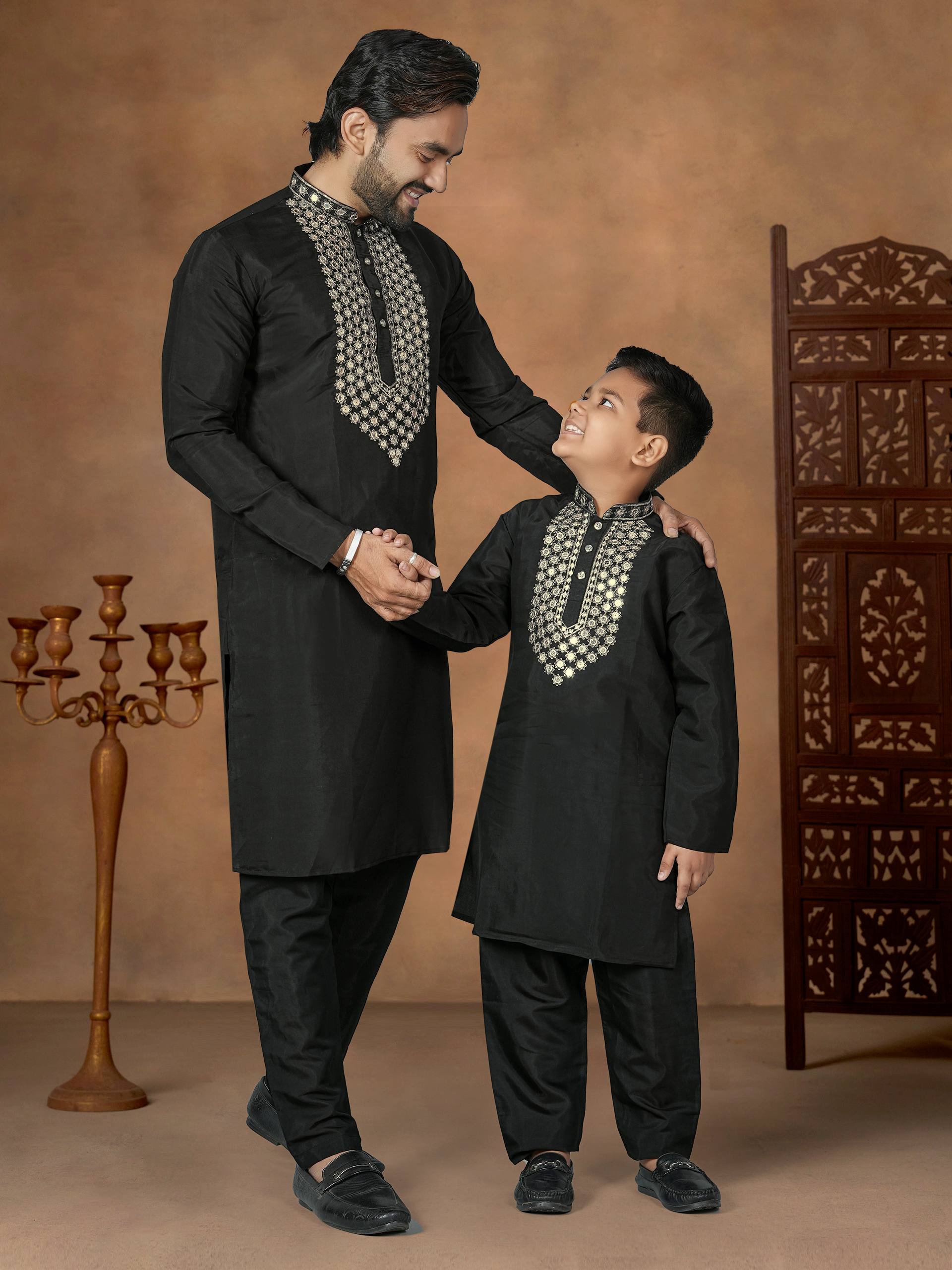 Black Pure Soft Premium Silk Kurta Pajama With Father &amp; Son Matching Combo Set