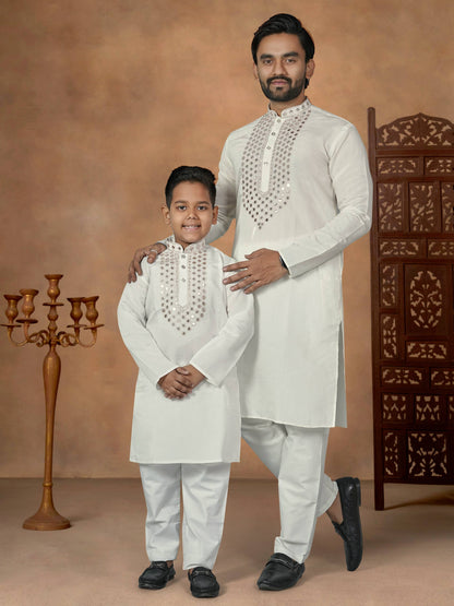 White Pure Soft Premium Silk Kurta Pajama With Father &amp; Son Matching Combo Set