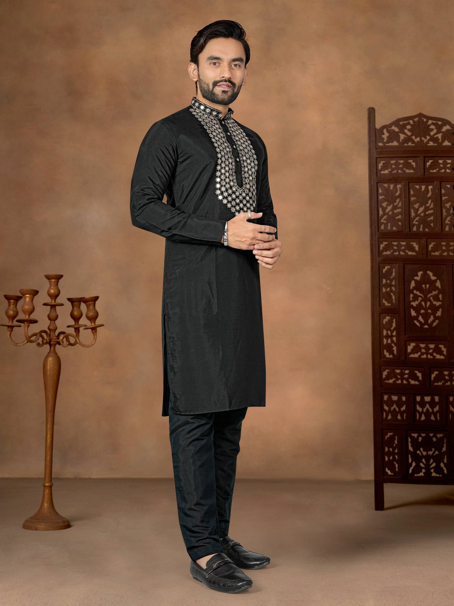 Black Pure Soft Premium Silk Kurta Pajama With Father &amp; Son Matching Combo Set