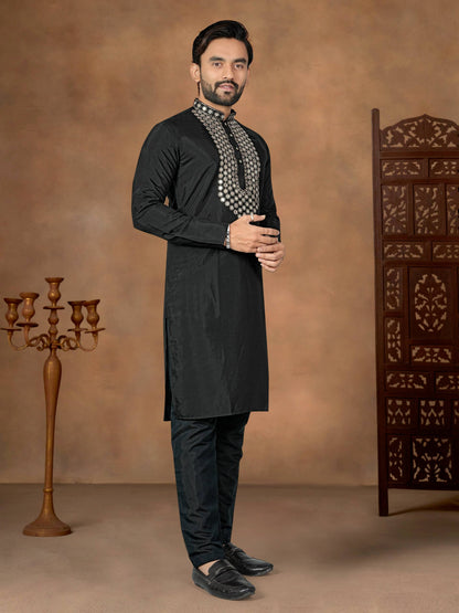 Black Pure Soft Premium Silk Kurta Pajama With Father &amp; Son Matching Combo Set